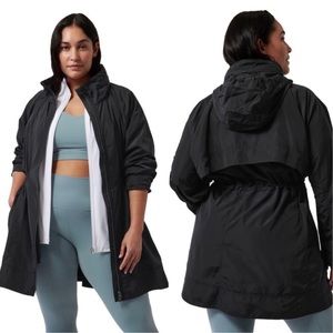 Athleta Women XL Drip Drop Black Rain Jacket Coat Mid Length Hooded Cinching